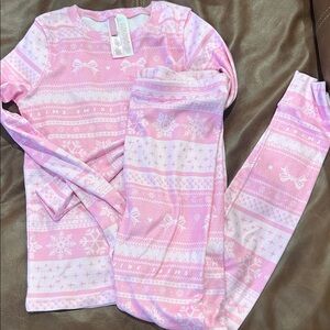 SKIMS Pink and White Kids Pajama Set
